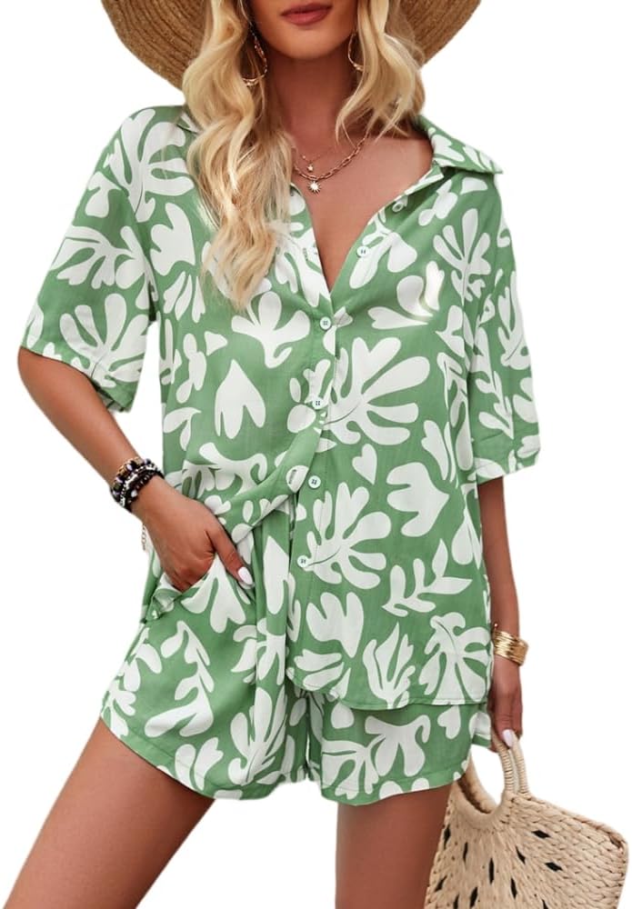 Sulozom Women's 2 Piece Beach Outfits Button Down Short Sleeve Shirts and High Waist Shorts Lounge Sets Casual Tracksuit Set