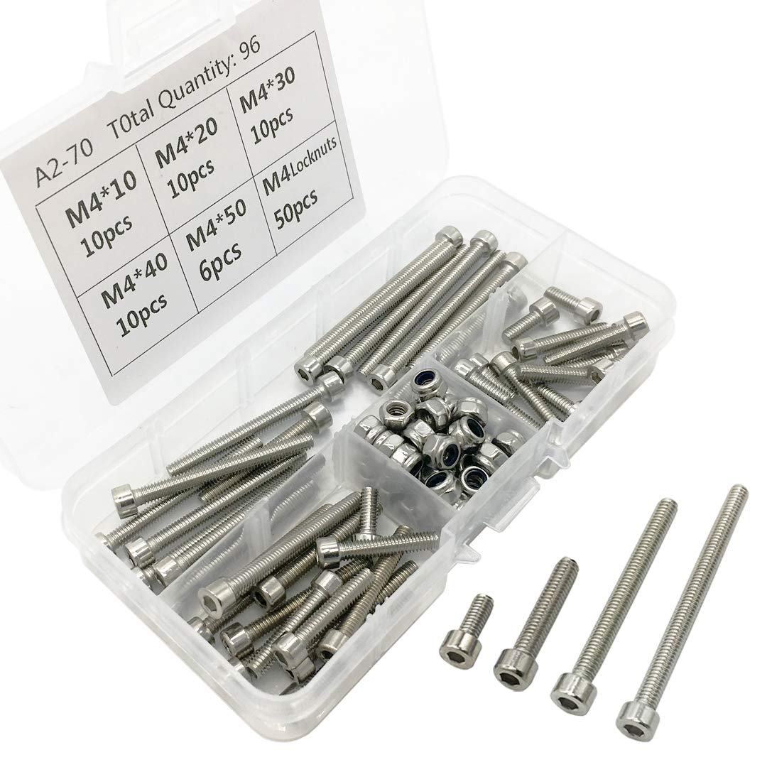 Hengzhe M4 Nuts and Bolts 304 Stainless Steel Hex Socket Head Cap Screws and Nuts Kit (M4x10.20.30.40.50mm)