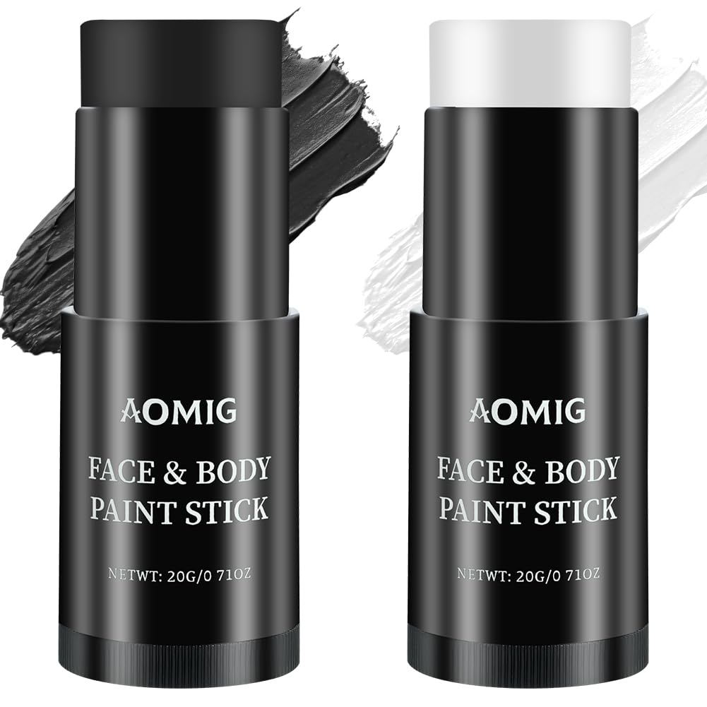 Aomig Face Paint Stick, Eye Face Body Paint Stick Colors Tube Waterproof Face Paint For Sports Baseball Softball Football Athletes Halloween Game Cosplay Costume Party Makeup Stick(Black+White)