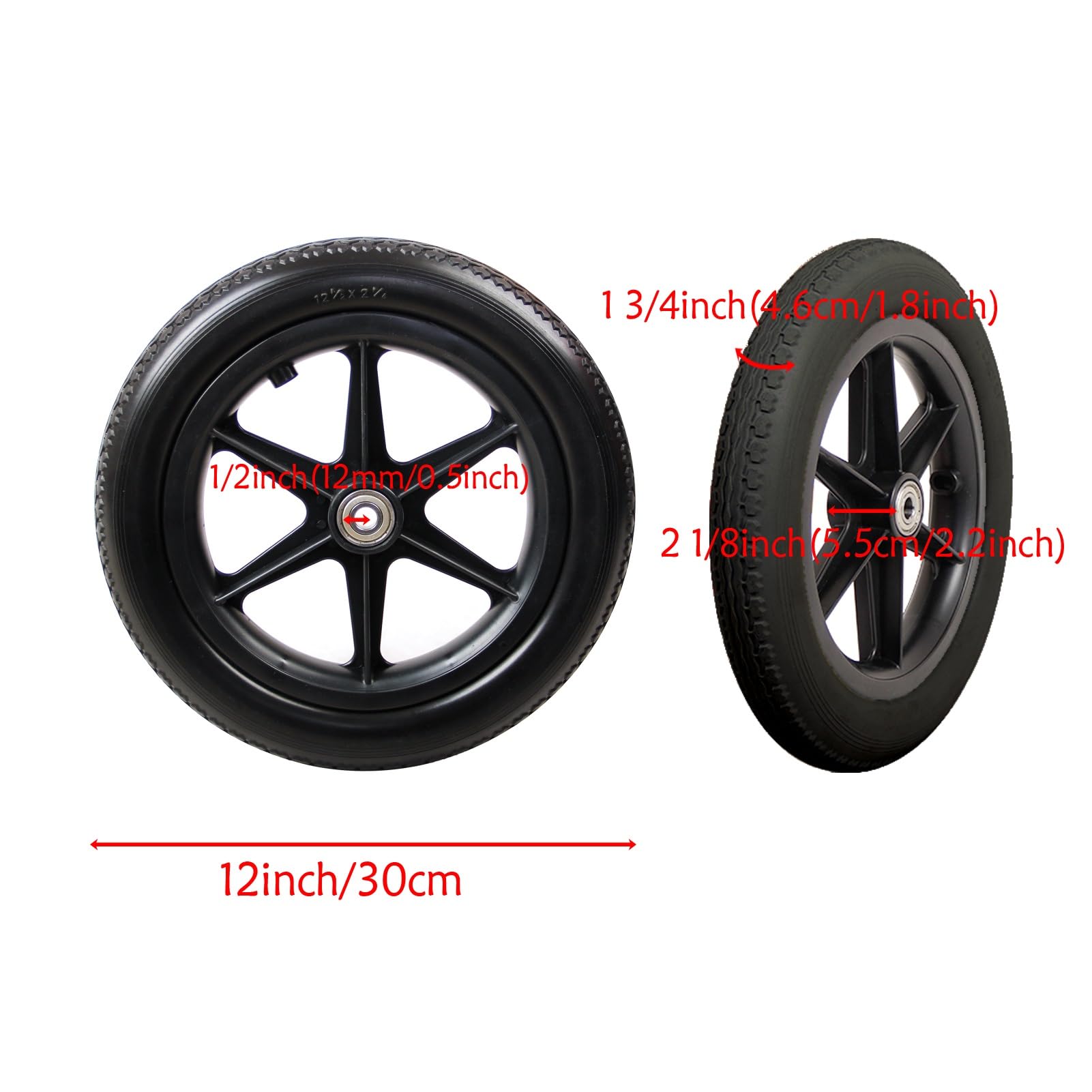 1 par de Ruedas traseras de Repuesto para sillas de Ruedas de 12½ x 2¼ para sillas de Ruedas, andadores, Ruedas sólidas de Poliuretano para Silla de Ruedas con rodamiento de 1/2" (12 mm) (co