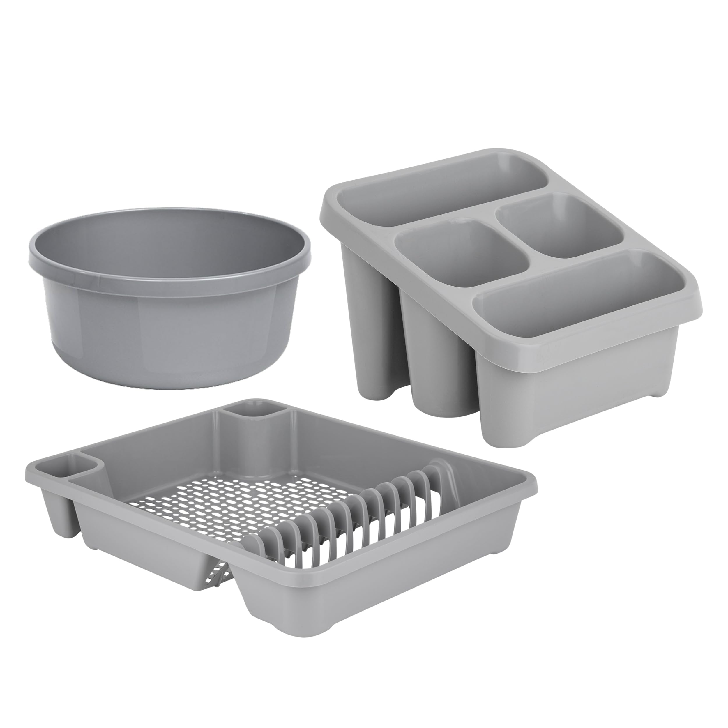 JMS we create smile Plastic Large Kitchen Sink Set, Silver Set Of 3 Sink Organiser Combo, Round Washing Up Bowl, Sink Tidy & Large Dish Drainer - Kitchen Accessories For Home Kitchen (Silver)