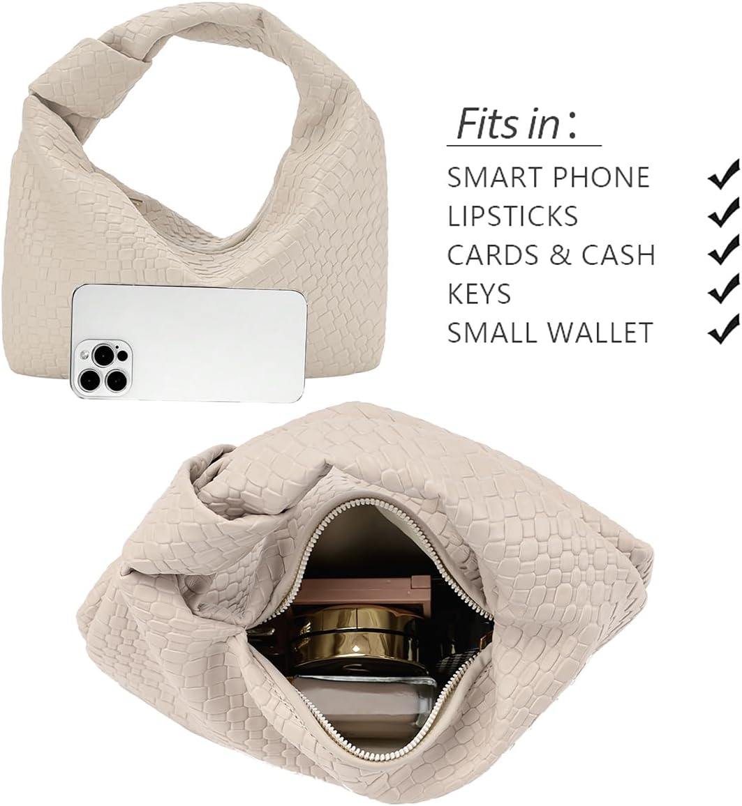 Women’s Woven Hobo Bag Faux Leather Zipper Handbag, Knot Strap Ruched Clutch Purse for Party Wedding Everyday Use - Image 3