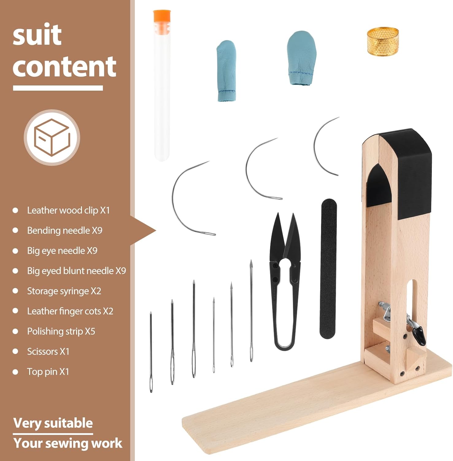 GLMFAN Leather Stitching Pony, Leather Pony Clamp Table Desktop Pony Horse Clamp, Wooden Leather Sewing Pony w Large Eye Sewing Needles, Scissors, Nail Files for DIY Leather Hand Stitching (39Pcs)