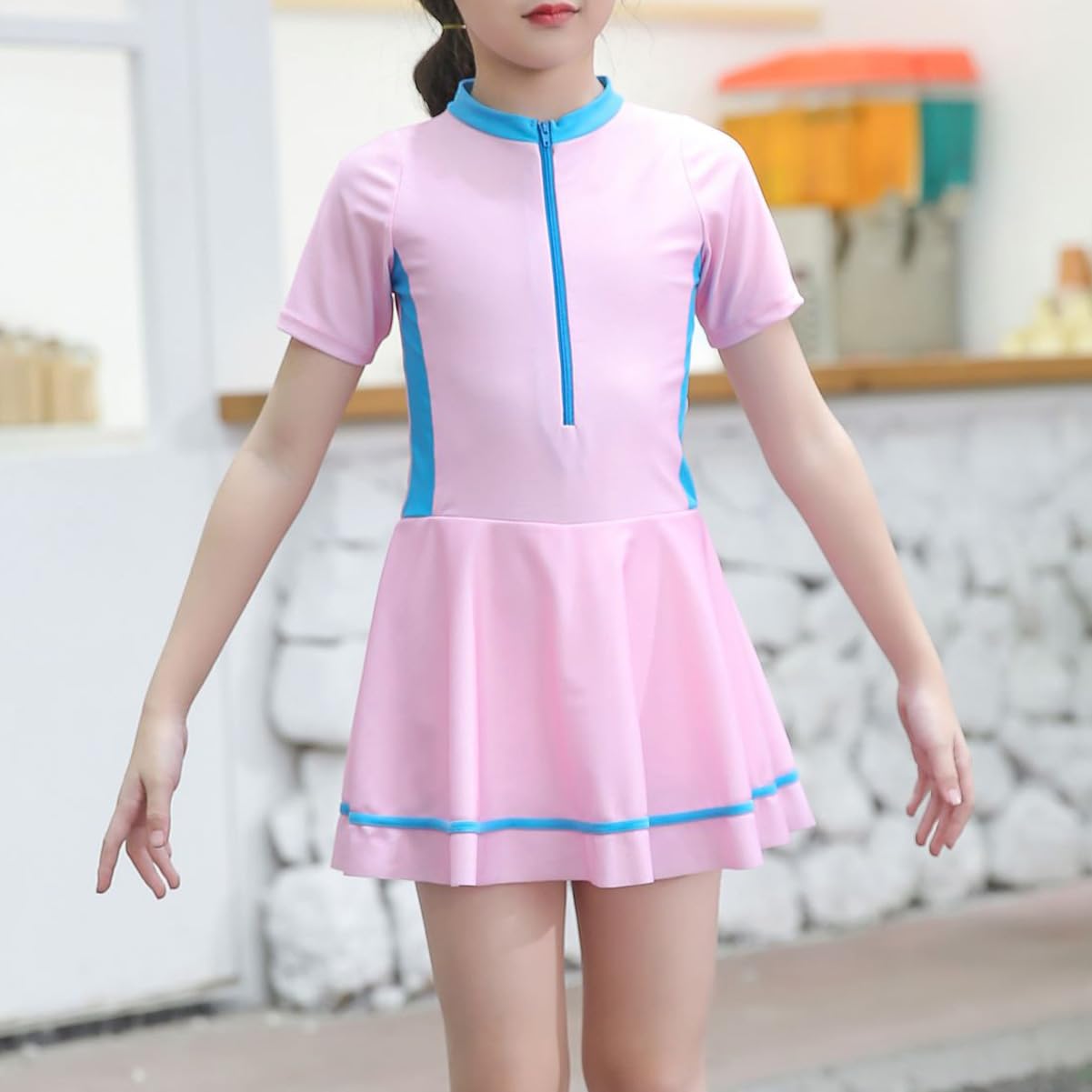 IDOPIP Girls Short Sleeve Swimsuit Summer One Piece Swim Dress with Boyshorts Beachwear Rash Guard Bathing Suit Pool Zipper Front Swimming Suit UPF 50+ Sun Protection Swimwear Pink 11-12 Years