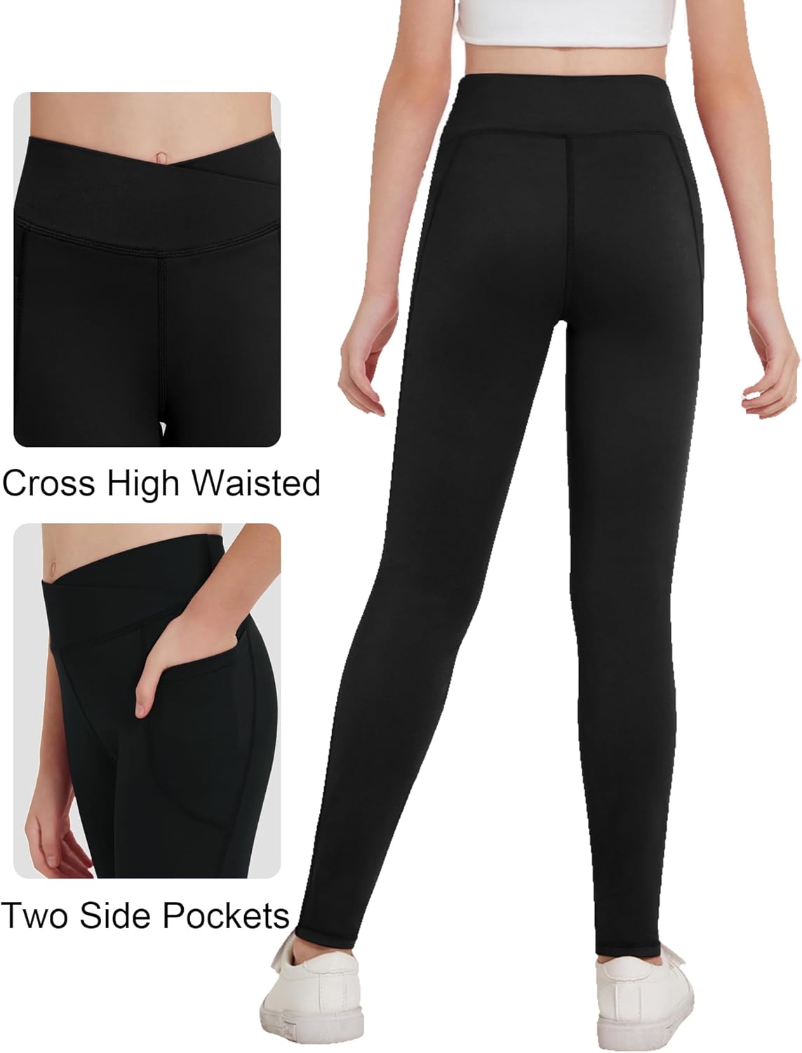 Zaclotre Girls Athletic Leggings Cross High Waisted Yoga Pants for Kids Dance Workout Running Tights with Pockets - Image 5