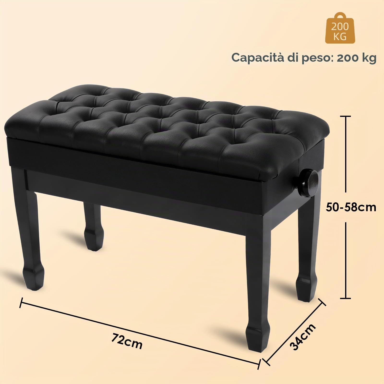 LIFERUN Sgabello per Pianoforte Regolabile in Altezza 50-58 cm, Panca Pianoforte con Vano Portaoggetti, Sgabello Pianoforte per Duetto in Pelle PU Ispessita con Gambe Curve in Legno, Nero