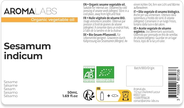 ORGANIC - SESAME SEED Oil - 50mL - 100% Pure, Natural, Cold Pressed and AB Certified - AROMA LABS (French Brand)