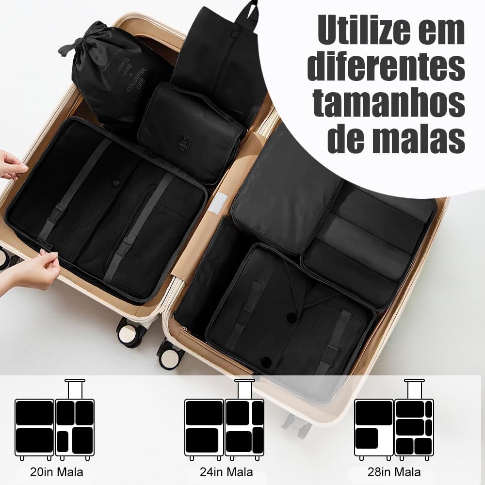 KIT 10 Organizador de Malas para Viagem: Kit Completo de Organização - Inclui Bolsa Organizadora e Necessaire Feminina-Organizadores de Bagagem para Viagem-VANOVA (PRETO)