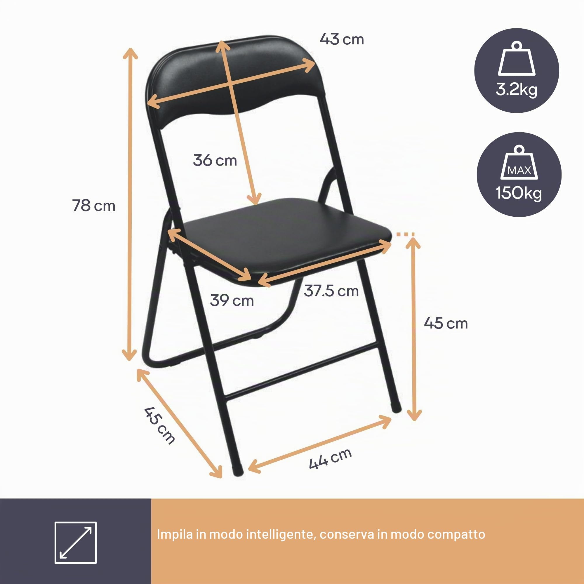 Perel Sedia pieghevole resistente alle intemperie, 150 kg, colore nero