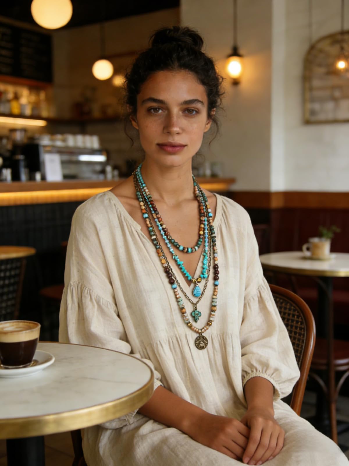 Yomisa Collana da donna alla moda, multistrato con perline, lunga collana da donna, stile bohémien, fatta a mano, con perline naturali, idea regalo