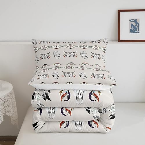 Miniatura 5 de Juego de ropa de cama azteca, tamaño matrimonial, juego de edredón del suroeste, relleno de edredón exótico de calavera de toro para niños y niños,