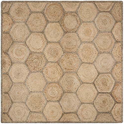 SAFAVIEH Natural Fiber Collection Area Rug - 8' Square, Natural & Grey, Handmade Honeycomb Woven Jute, Ideal for High Traffic Areas in Living Room, Bedroom (NF882B)