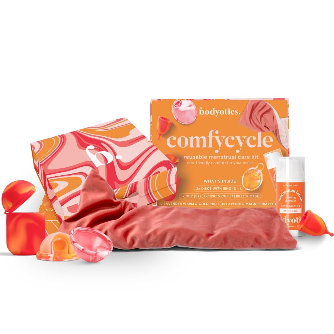 Comfycycle: Period Kit for Girls and Women - Reusable & Multisized Menstrual Discs, Cups, Sterilizer Case, Microwave Heating Pad & Magnesium Body Butter - Comfort & Convenience for Every Cycle