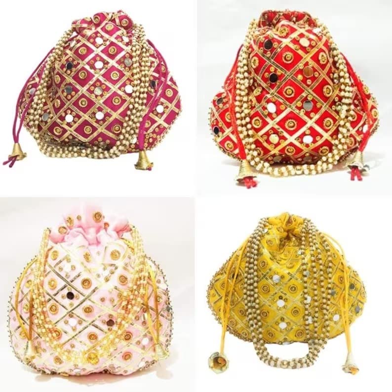 25 Assorted Indian Mirrir Work Potli Bag Pouch Drawstring Bag for Women Wedding Favor Return Gift for Guests - Style Speaks
