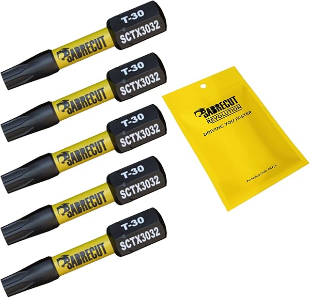 5 x SabreCut SCTX3032_5 32mm T30 TX30 Magnetic Impact Screwdriver Driver Bits Set Torx Heavy Duty Compatible with Dewalt Milwaukee Bosch Makita and More