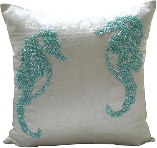 The HomeCentric Funda de almohada decorativa blanca, con cuentas de caballo de mar, playa, océano, funda de almohada náutica de 18 x 18 pulgadas,