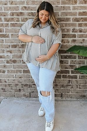 PinkBlush Charcoal Striped Button Up Dolman Maternity Top