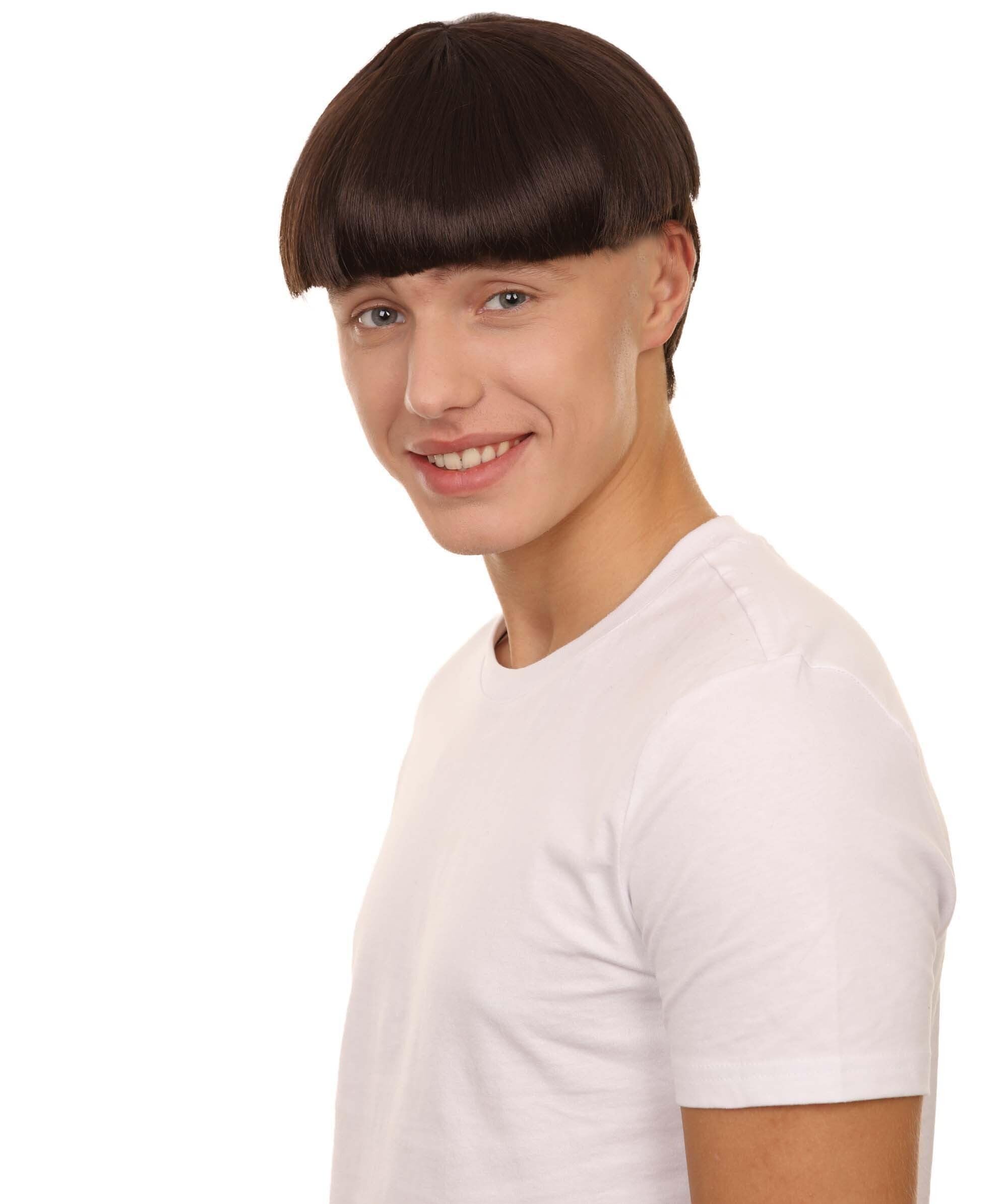 HPO Adult Men's Ibiza Final Boss DJ Raver Wig, 9 Inch Halloween Retro Bowl Cut Wig, Brown Colors - Image 2
