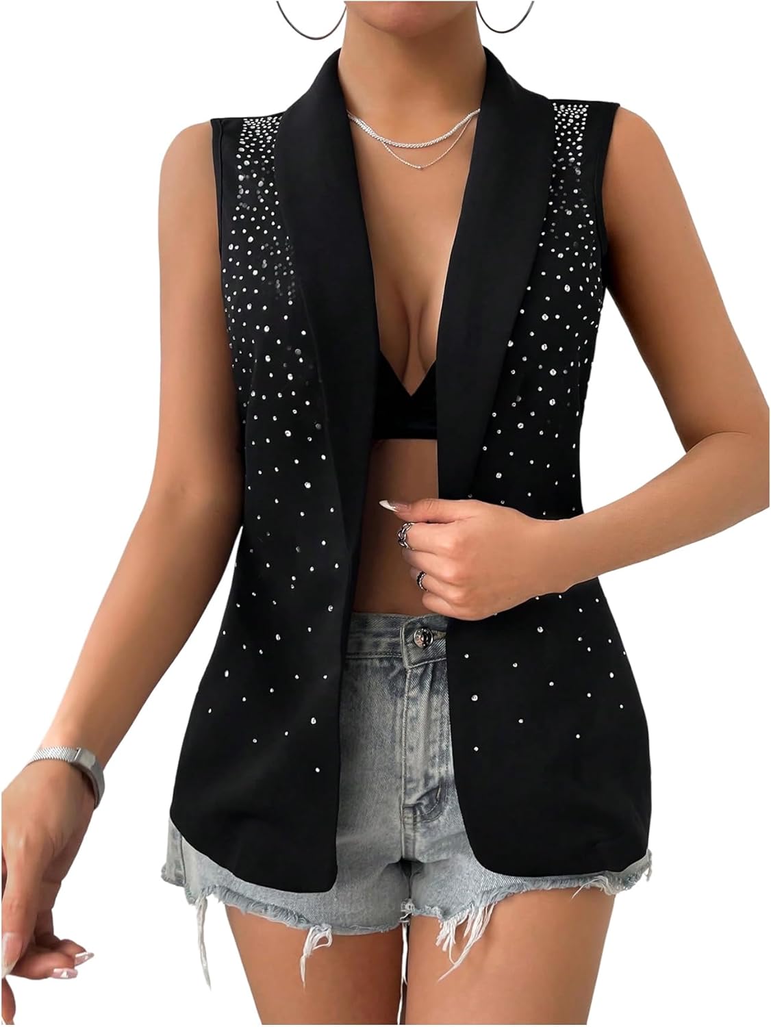 MakeMeChic Women's Glitter Rhinestone Blazer Sleeveless Open Front Party Y2K Vests