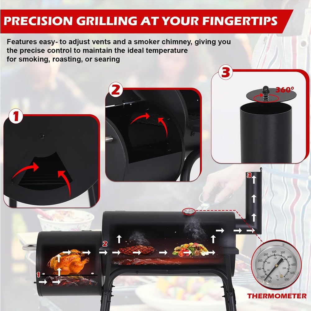 Grill Chal ze stali nierdzewnej z pokrywką i kółkami – przenośny grill na zewnątrz z termometrem na imprezy i spotkania – czarny