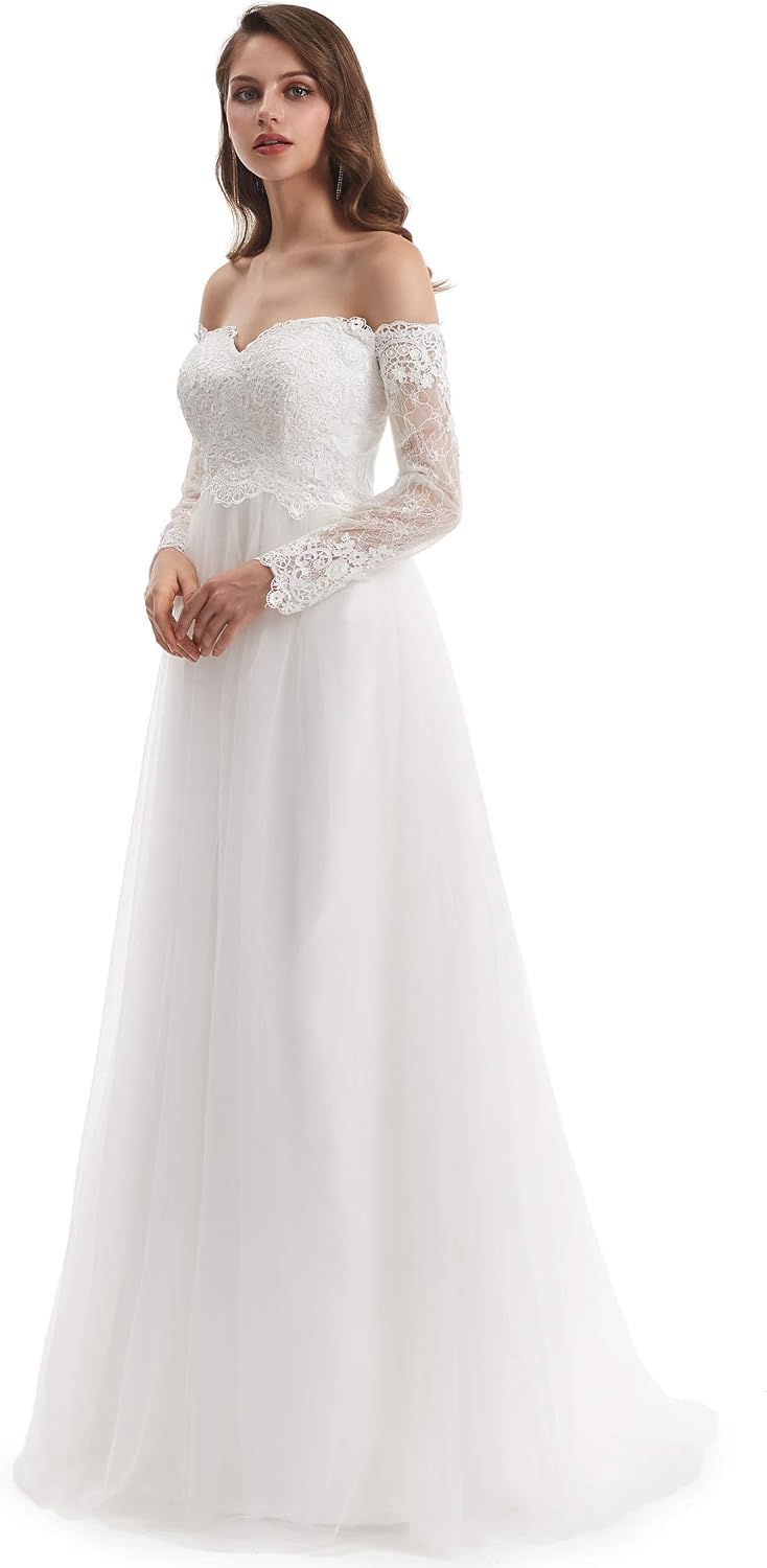 Women's Long Sleeves Sweatheart Lace Applique Beach Wedding Dress