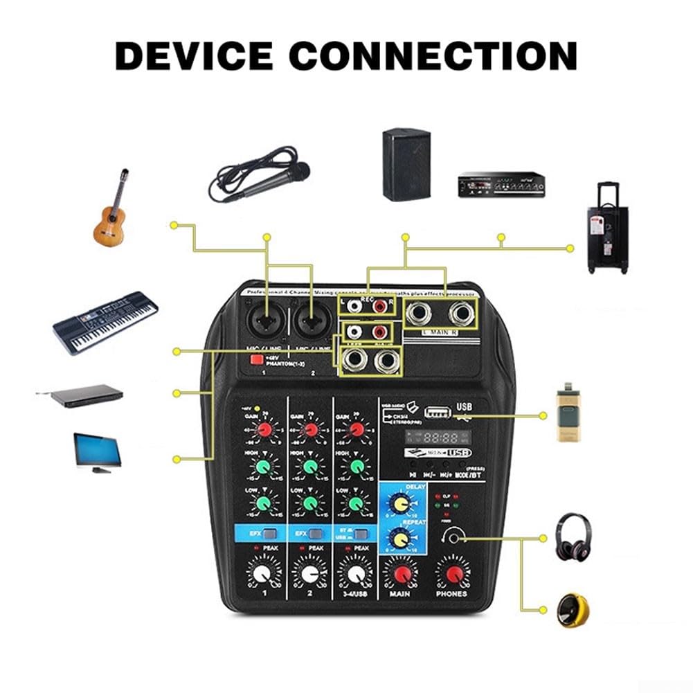 Table de mixage DJ 4 canaux avec streaming audio pour diverses sources audio, lecture multimédia USB et MP3, entrée stéréo, mixeur d'alimentation 48 V pour microphone à condensateur, carte son en