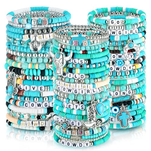 64 Pcs Western Cowgirl Turquoise Beaded Bracelets Set Bohemia Stretch Charm Natural Stackable Party Favor Bracelet Pack Beach Western Jewelry for Summer Women Goody Bag Fillers Party Favors
