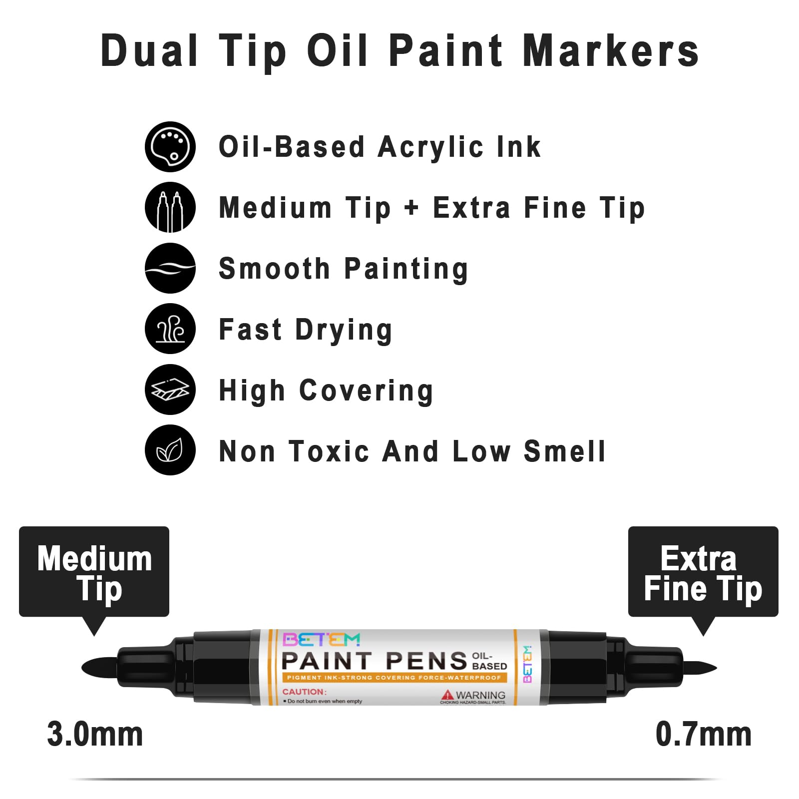 Betem 4 Count Dual Tip Oil Based Black White Paint Pen(0.7mm & 3mm), White Permanent Marker Black Paint Markers, Waterproof, Quick Dry, for Fabric, Rock Painting, Wood, Plastic, Ceramic, Metal, Canvas