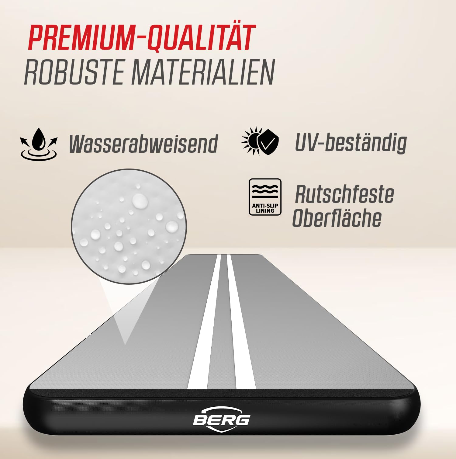 BERG AirTrack Home | Mit Elektrischer Luftpumpe und Tasche | Yogamatte | Tumblingmatte | Verschiedene Größe | Schwarz/Grau