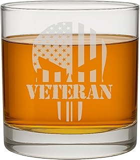 Veteran Skull Whiskey Glass – Custom Engraved 11 oz Bourbon Glass – Personalized Military Gift for Army, Navy, Marines, or Air Force Veterans – Patriotic Retirement Gift