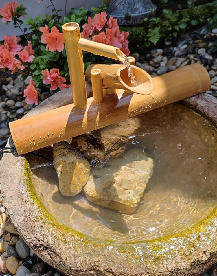 Bamboo Fountain kit with Pump, Japanese Outdoor Fountain Handmake from Real Bamboo, Zen Outdoor Water Fountains (Shishi Odoshi 15‘’)