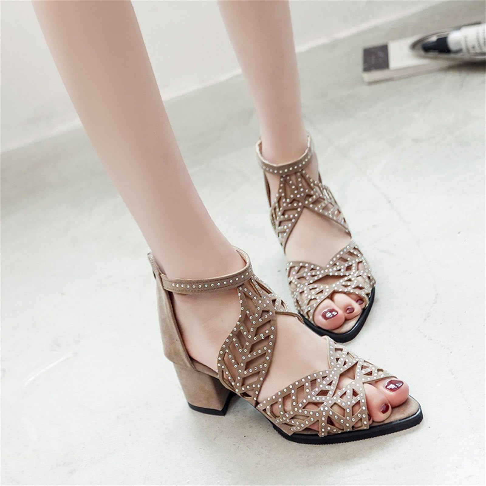 SACFOF Sandalias de tacón de bloque con diamantes de imitación para mujer, con correa al tobillo, sandalias de tacón grueso, sandalias romanas