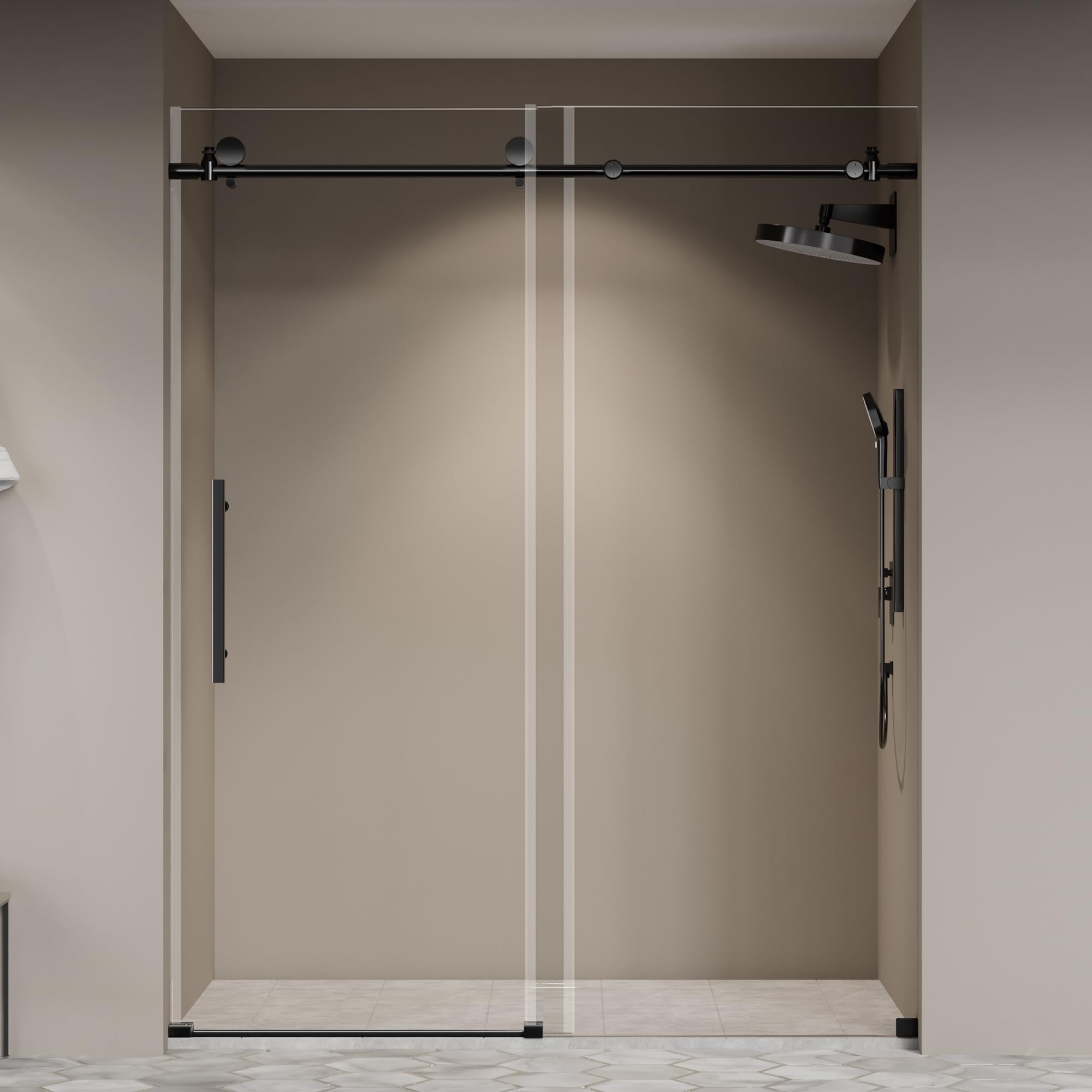 48x76 frameless single sliding shower door,walk in shower door with 5/16"(8mm) clear tempered glass,explosion-proof film, stainless steel hardware,sturdy & stylish bathroom door,black