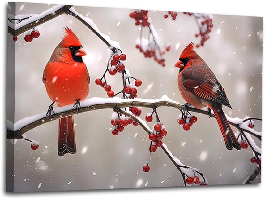 ZHOUWALLPIC Northern Cardinals Canvas Wall Art Abstract Red Birds on Branch Paintings Christmas Birds Artwork Picture Prints Home Decor(Christmas-2,12.00" x 18.00")