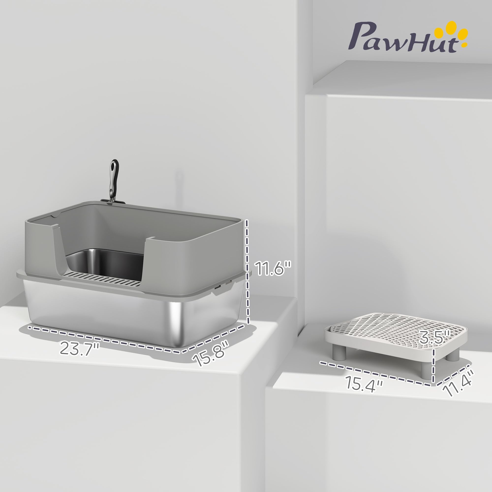 PawHut Stainless Steel Litter Box, Extra Large High Sided Cat Litter Box with Scoop, Pedal, Anti-Urine Leakage, Non-Sticky and Easy Cleaning, Gray - image 7