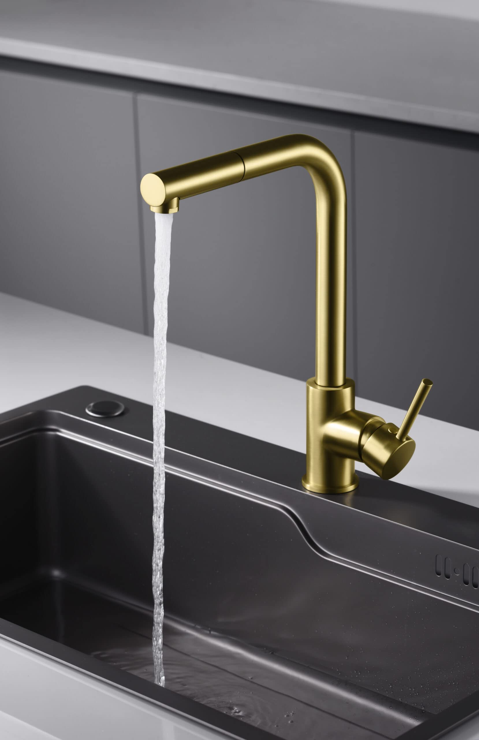 IMEX Grifo Cocina Fregadero Extraible - MALTA Grifo Cocina Monomando con Caño Extraíble, Cartucho Cerámico Ø35mm, Cuerpo de Latón, Acabado y Diseño Moderno y Elegante (ORO CEPILLADO)
