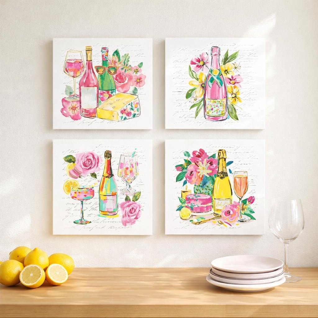 Artiluxy Floral Wine Canvas Wall Art Set of 4, 12x12 Inch Pink Champagne & Flower Paintings, Feminine Celebration Wall Decor for Kitchen Dining Room (Pink)