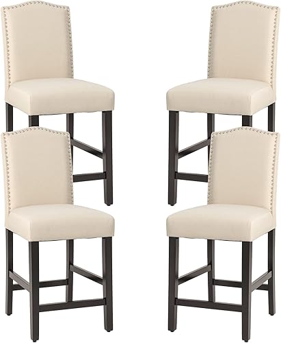 Miniatura 10 de GOFLAME Juego de 2 taburetes de bar, modernos taburetes de bar tapizados con asiento acolchado, sillas con respaldo y patas de madera de goma, juego