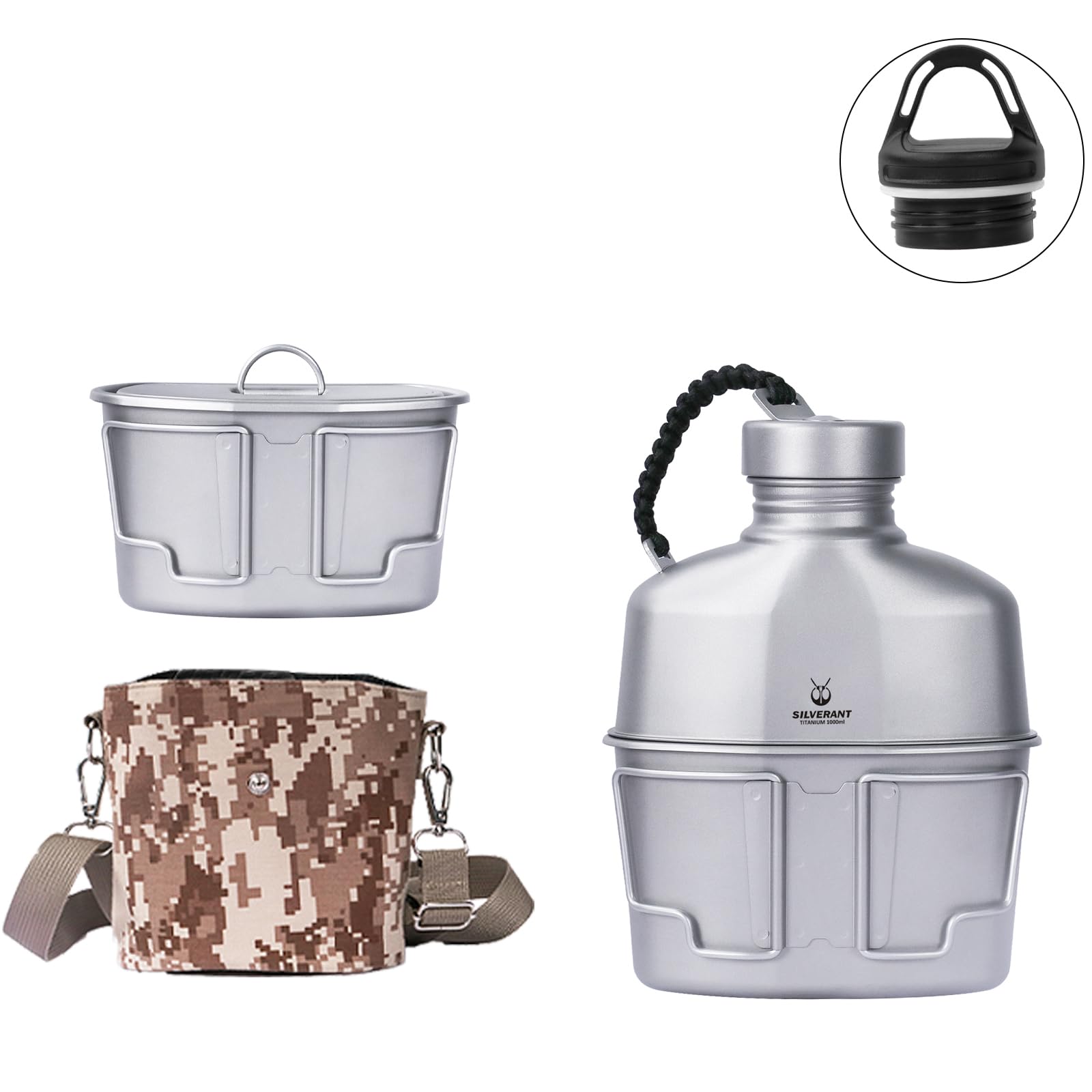 SILVERANT Gobelet de Camping Militaire en Titane, kit de gamelle, Tasse de Camping ultralégère avec Pochette de Transport et poignée Pliable