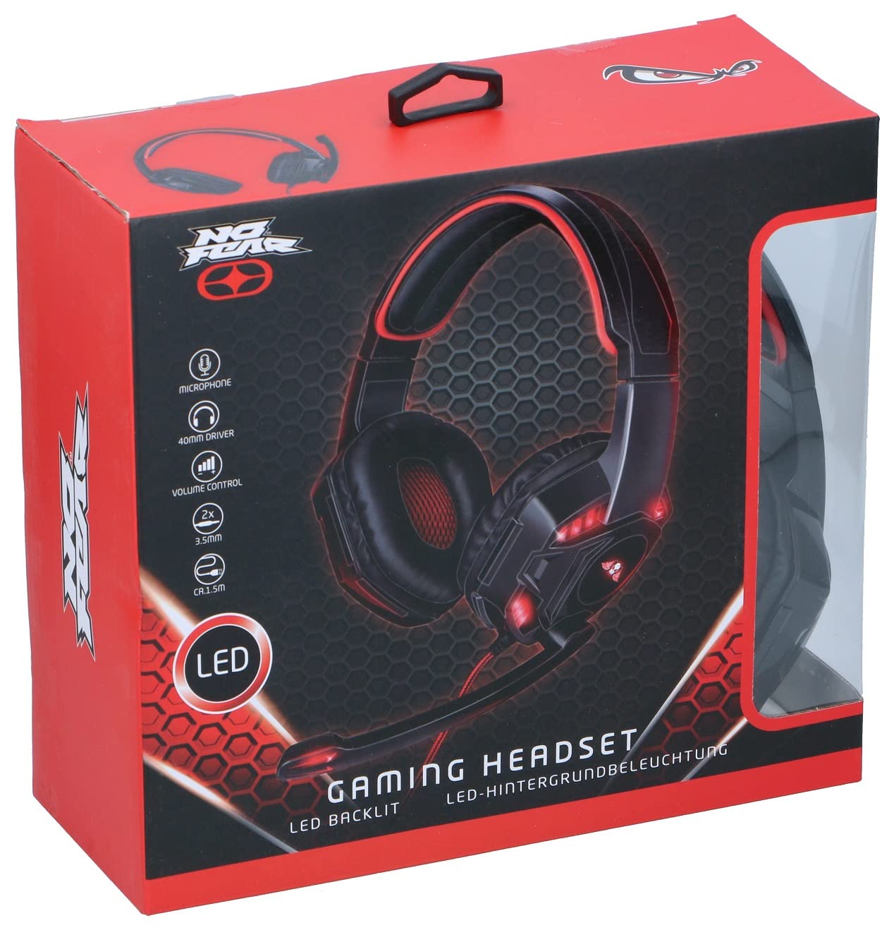 No Fear Cuffie da gioco – Con illuminazione a LED – Cavo da 1,5 m – Cuffie con microfono – Design Over-Ear – Stabile e confortevole – Nero/Rosso