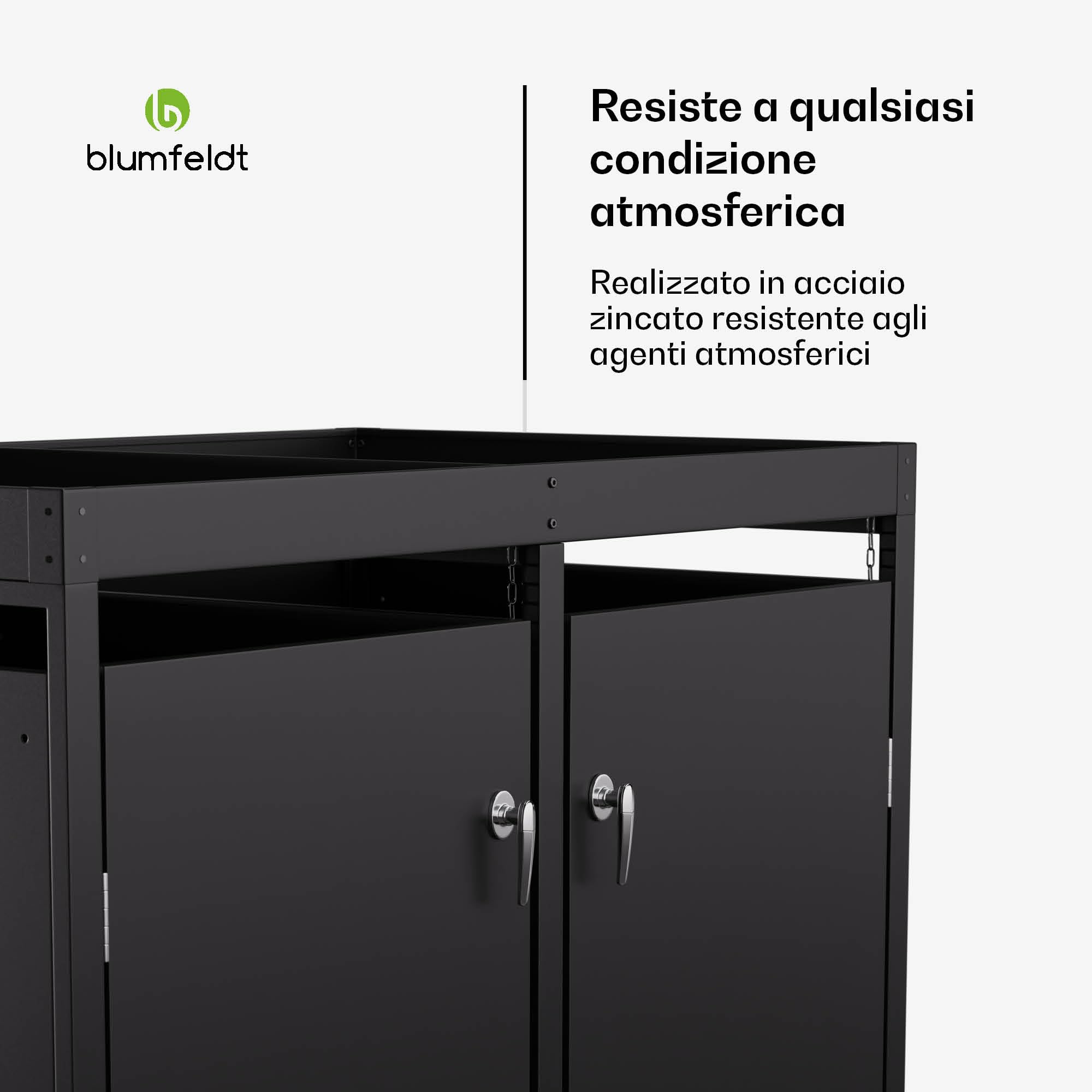 Blumfeldt BinSafe - Copri Bidone della Spazzatura –Acciaio Zincato Resistente, 2 Sportelli & Tetto a Fioriera, Adatto a Bidoni 60L/120L/240L, Serratura a Chiave, Design Moderno, Copribidone da Esterno