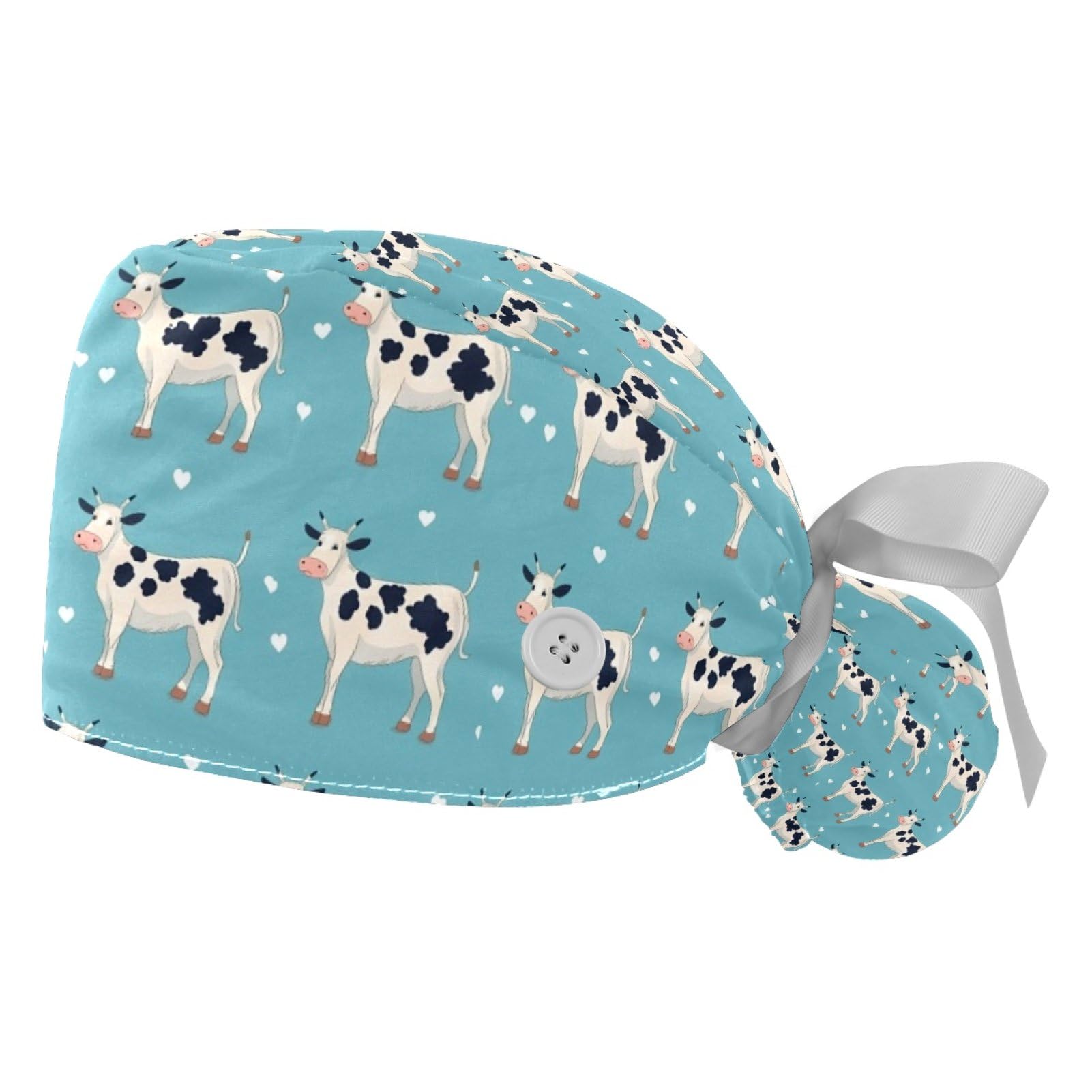 2 PCS Bouffant Cap with Button Ponytail Pouch Working Cap Sweatband Adjustable Surgical Cap Black and White Cow