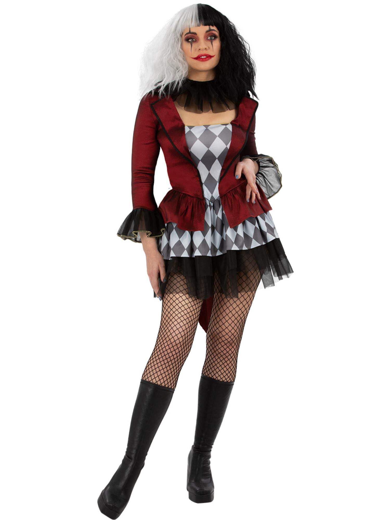 Smiffys Evil Jester Costume Mock Jacket with Attached Top, Skirt & Neck Cuff, Halloween Cirque Sinister Fancy Dress, Halloween Dress Up Costumes, Large