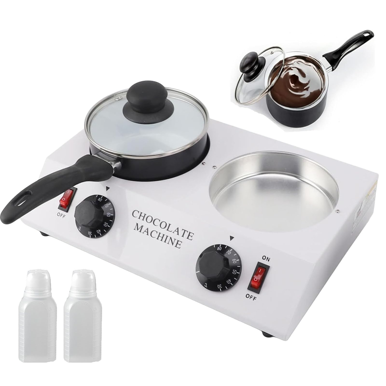 Máquina para Derretir Chocolate + Olla Antiadherente, Máquina De Chocolate con 2 Botellas De Almacenamiento Exprimibles, Fuentes De Chocolate, Herramientas para Hornear Y Accesorios