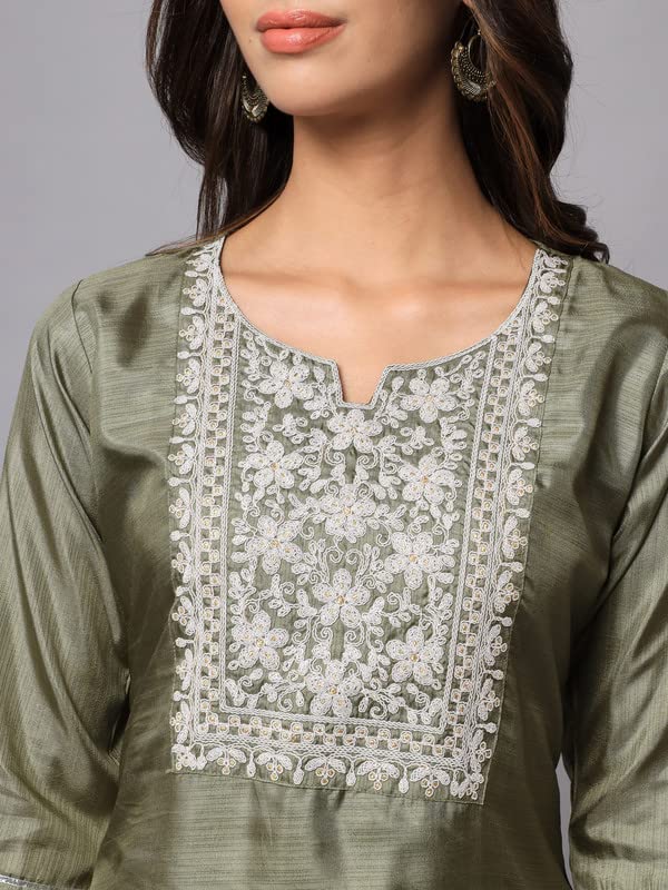 Image of VredeVogel Women's Chanderi Modal Butti Flare Kurta with Pant & Embroidered Chanderi Dupatta Set