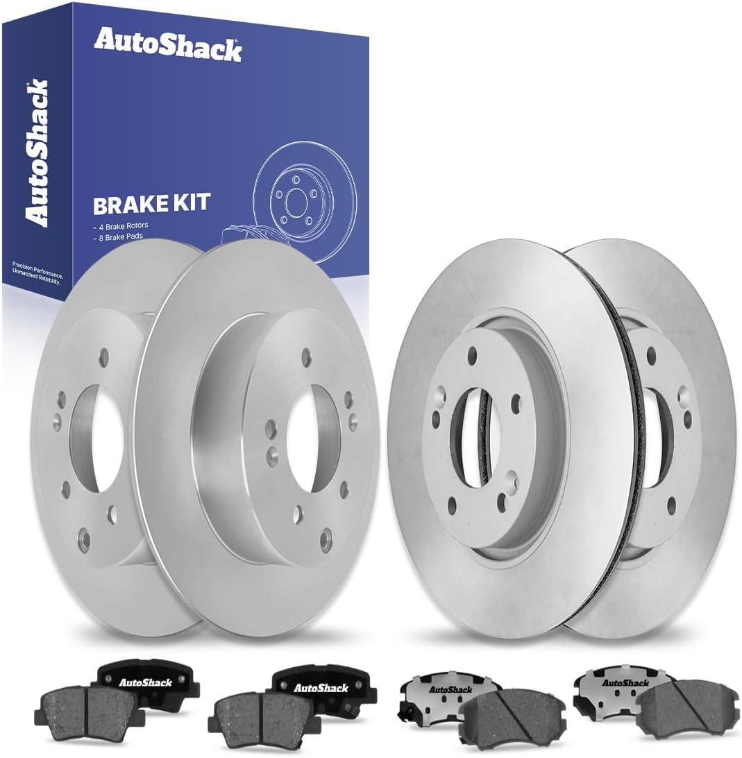 AutoShack Front Vented & Rear Solid Drilled & Slotted Coated Brake Rotors Black Matte Finish + Ceramic Pads 12-PC Brake Kit Replacement for 2010-2011 Kia Soul BlackShield