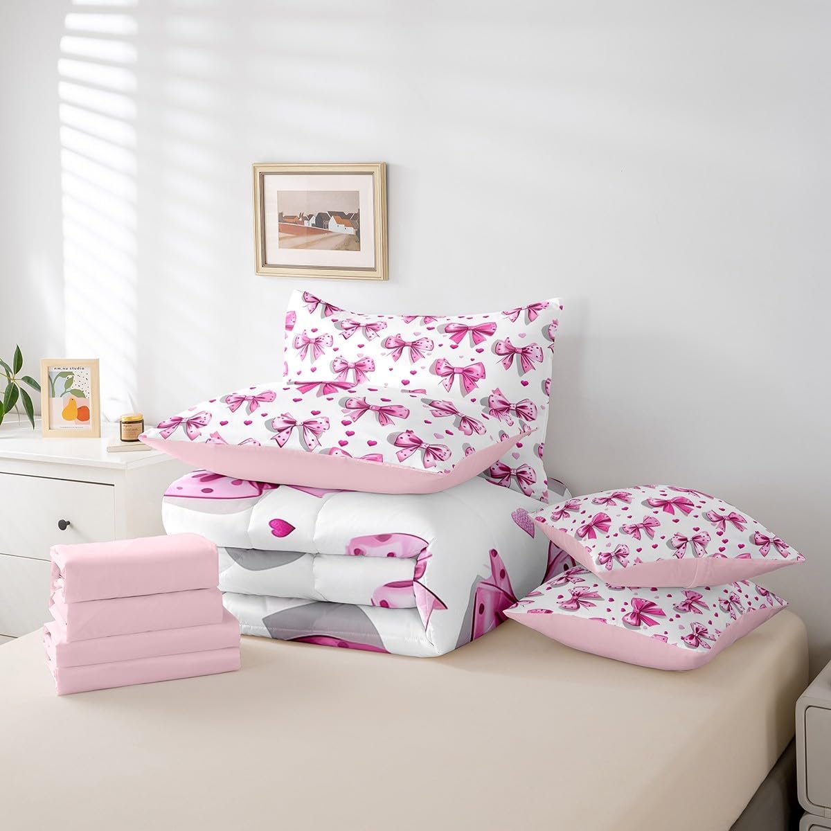 Erosebridal Girls Bowknot Queen Comforter Set 7 Piece, Cartoon Bow Knot Bedding Set Princes Love Heart Bed in A Bag for Boys Girls Teens Women Bedroom, Dreamy Princess Bed Cover with 2 Pillow Cases