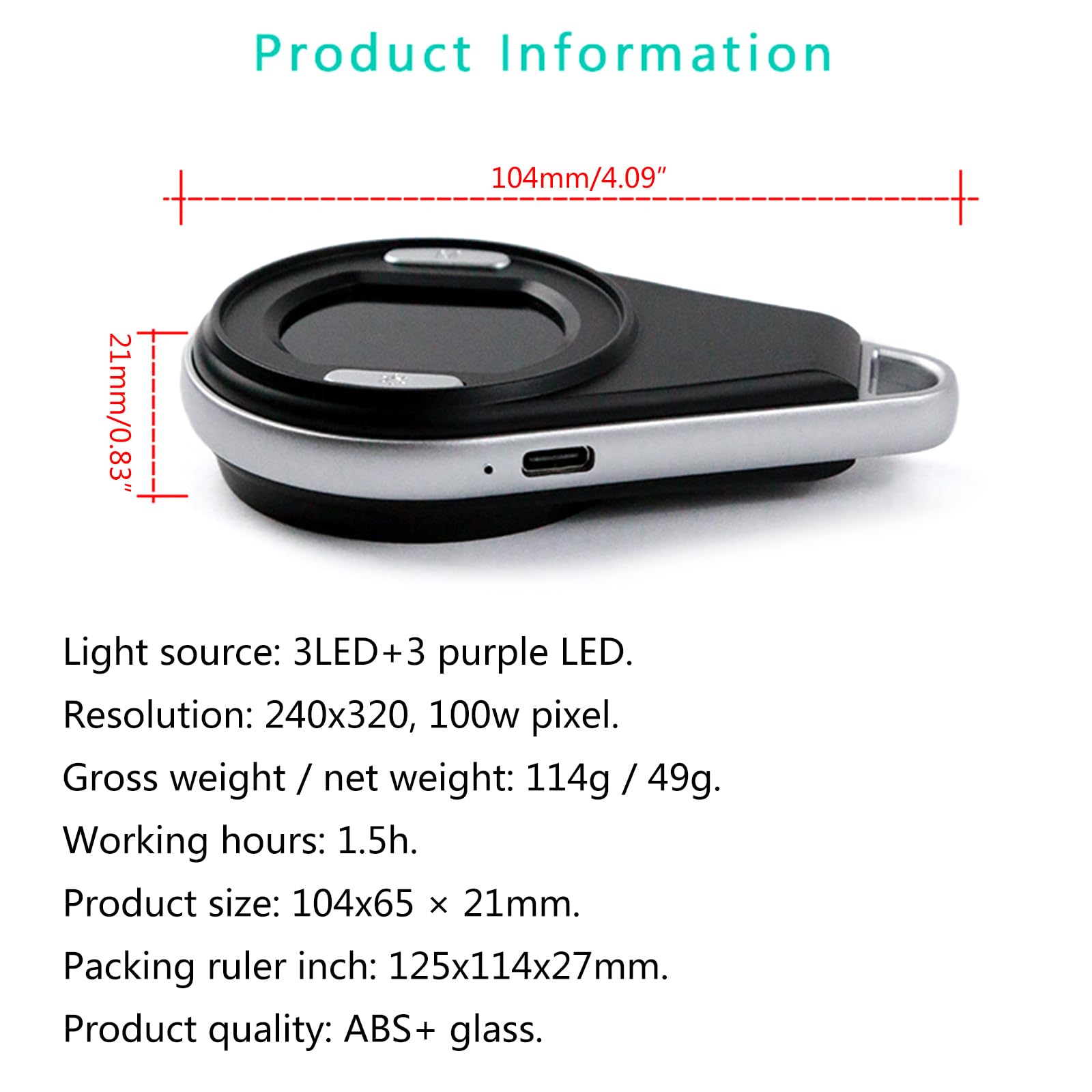 Microscopio de bolsillo con luz LED 60X-100X Lupa digital de lectura electrónica con LED tipo C recargable