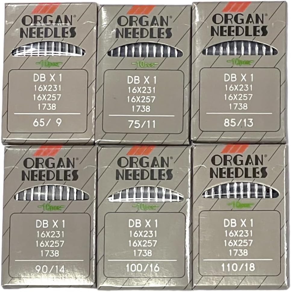 60 PCS Organ Industrial Single Needle DBX1 in Assorted Sizes 9,11,13,14,16,18 Japan Organ Sewing Machine Needles Compatible with/Replacement for JUKI Brand DDL Model and Much More