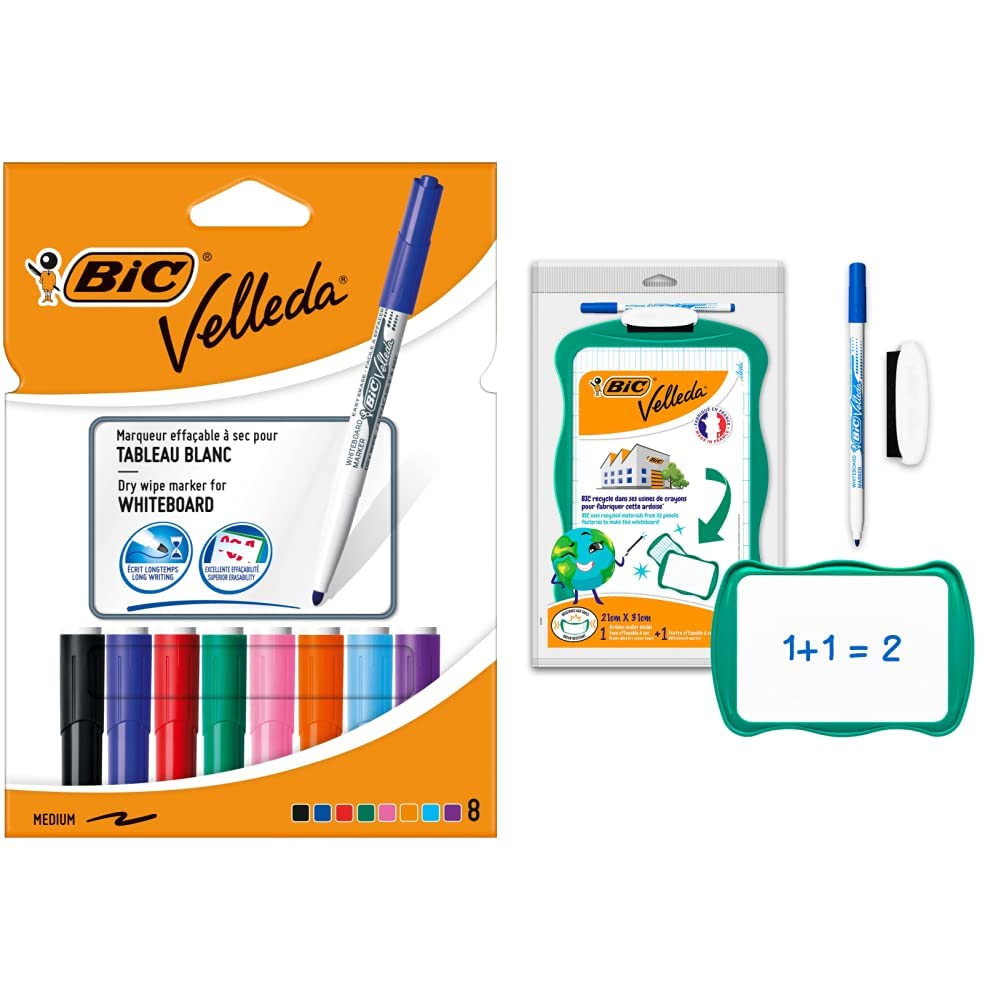 BIC Velleda White Board Markers, Medium Tip (4.5 mm) Assorted Colours, Box of 8 & Velleda Small Double Sided White Board with 1 Eraser and 1 Blue Marker, Office Material, 21 x 31 cm